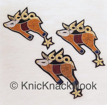 Hand Embroidered Deer With Star Applique In Brown, Silver And Gold Zardozi Threadwork, Animal Motif